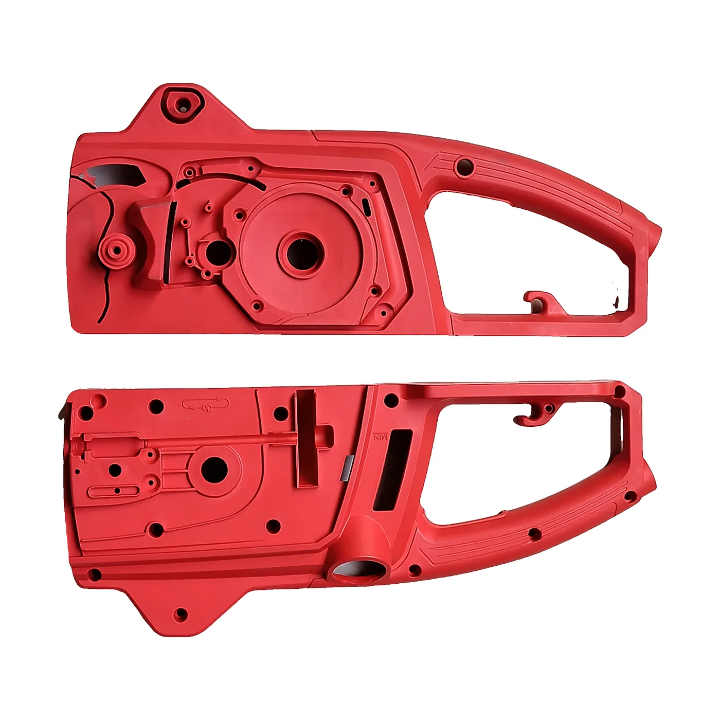 Chain saw housing injection molded parts (left and right halves)